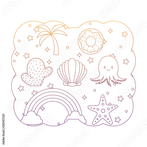 decorative frame with cute octopus and related icons pattern over white background, vector illustration