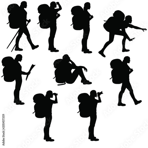 Set of isolated hiker girls silhouettes