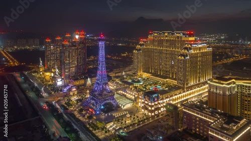sunset night illuminated famous macau bay hotels rooftop panorama 4k timelapse china
