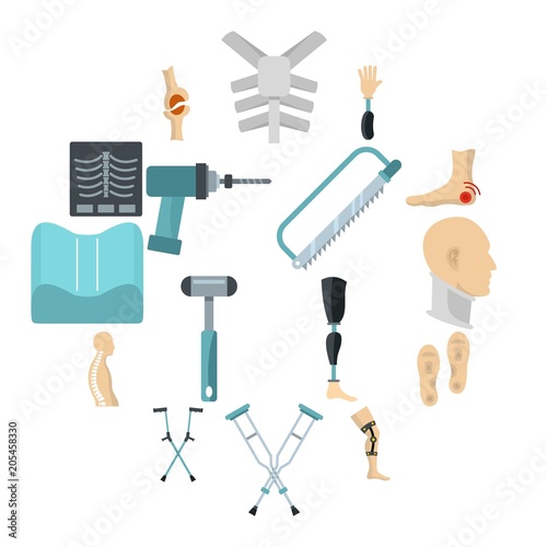 Orthopedics prosthetics icons set in flat style isolated vector illustration