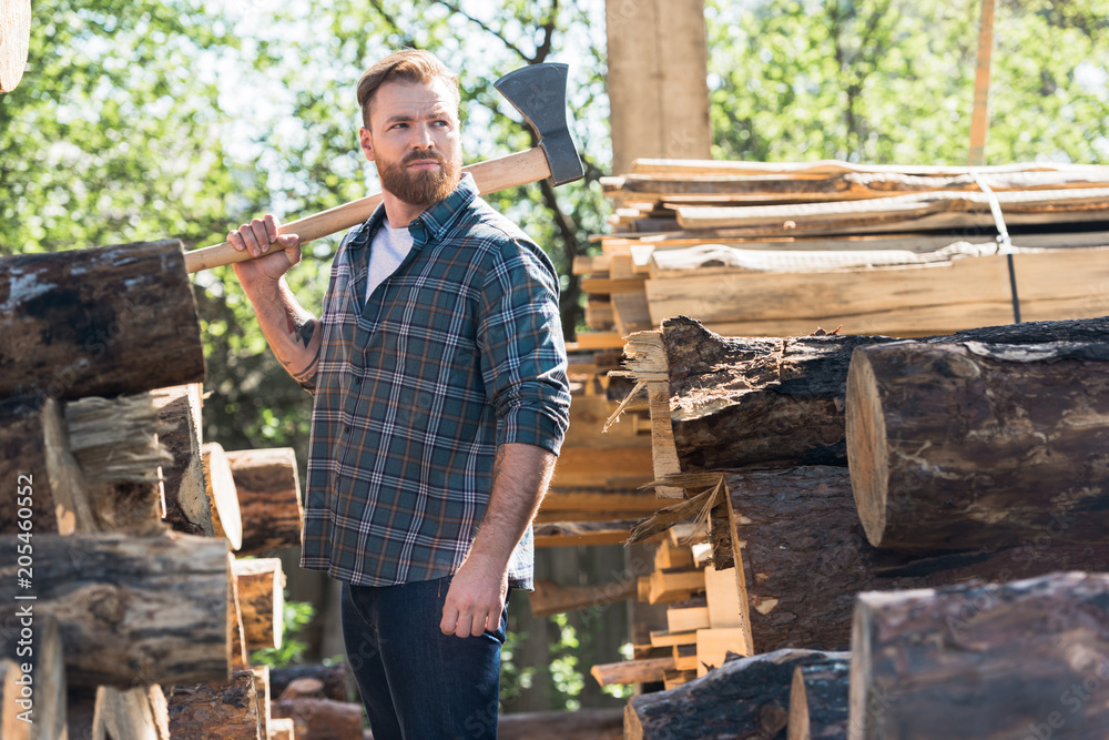 lumberjack in checkered shirt holding axe on shoulder between logs at sawmill lumberjack in checkered shirt holding axe on shoulder between logs at sawmill