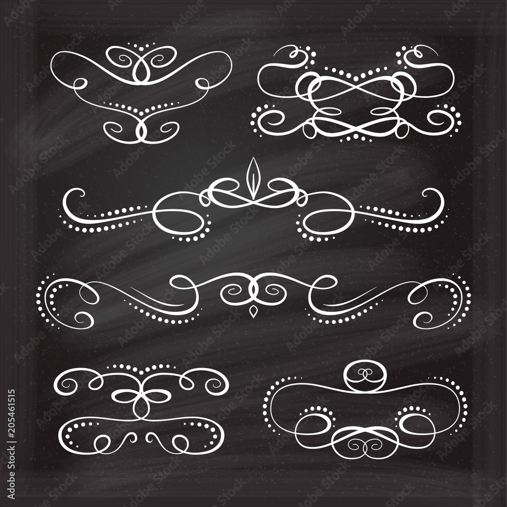 Vector calligraphic flourishes set on the chalkboard background.