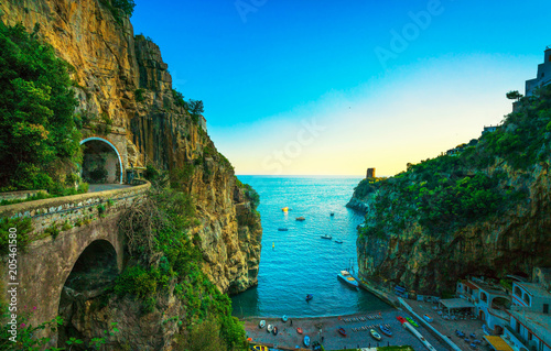 Furore beach bay in Amalfi coast, panoramic view. Italy photo