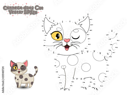 Connect The Dots and Paint Cute Cartoon Cat. Educational Game for Kids. Vector Illustration.