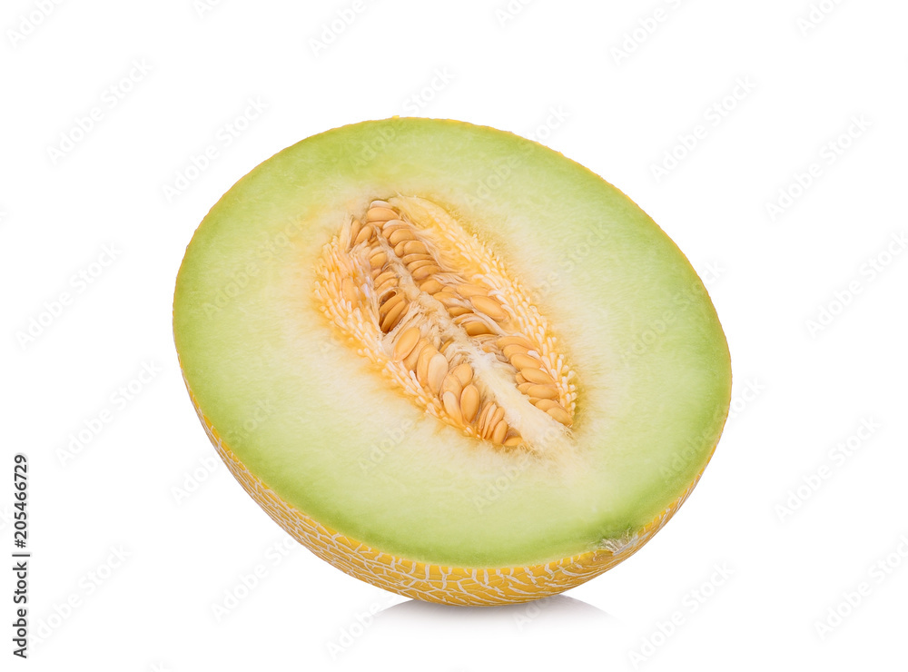 half sliced pearl orange melon isolated on white background half sliced pearl orange melon isolated on white background