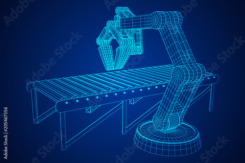 Robotic arm manufacture technology industry assembly mechanic hand and regular empty roller conveyor section wireframe low poly mesh vector illustration