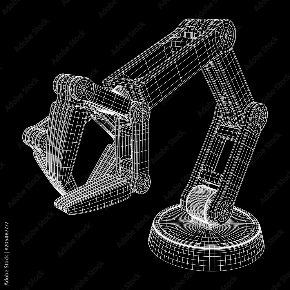 Obraz premium Robotic arm manufacture technology industry assembly mechanic hand wireframe low poly mesh vector illustration