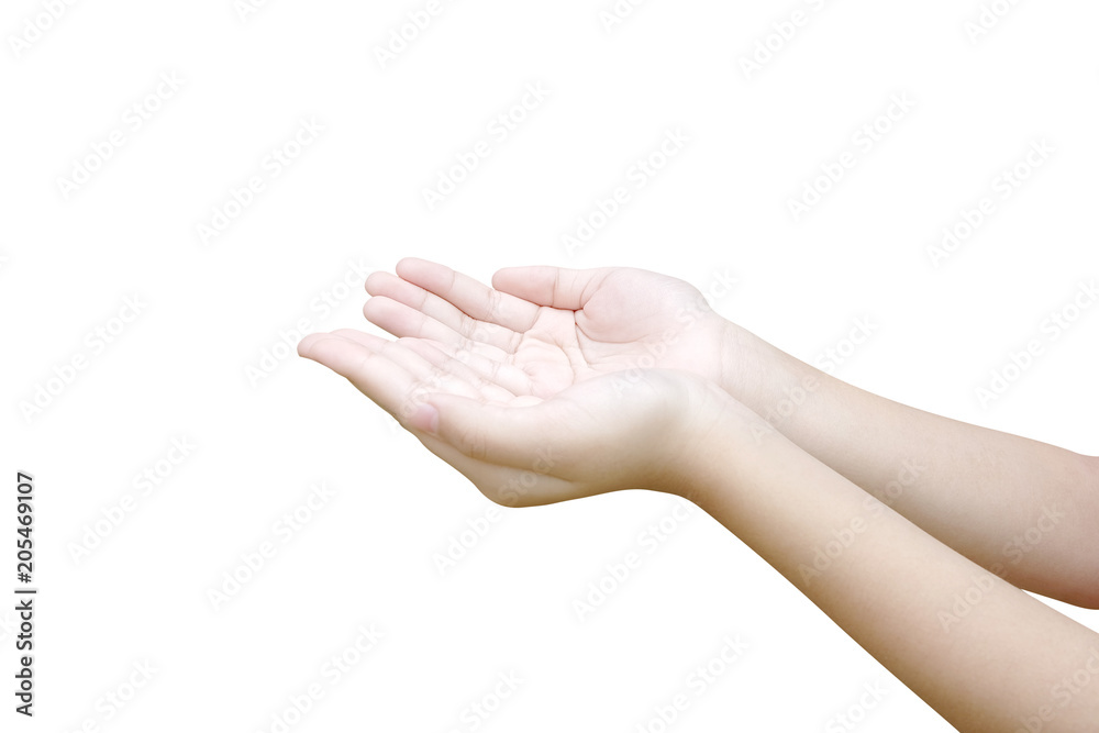 Young girl hand holding isolated white background.