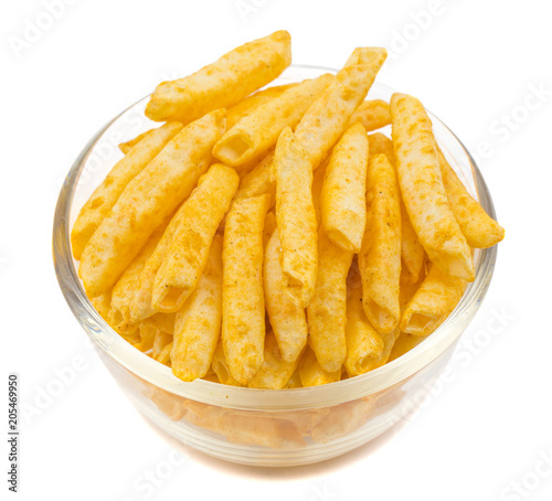 Delicious Lightly Spiced Fries Snack Served in Bowl isolated on White Background