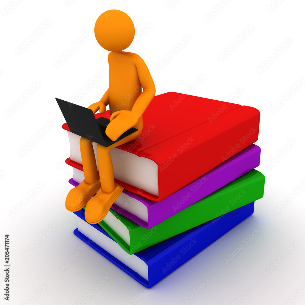 Man sitting on books gets education Man sitting on books gets education