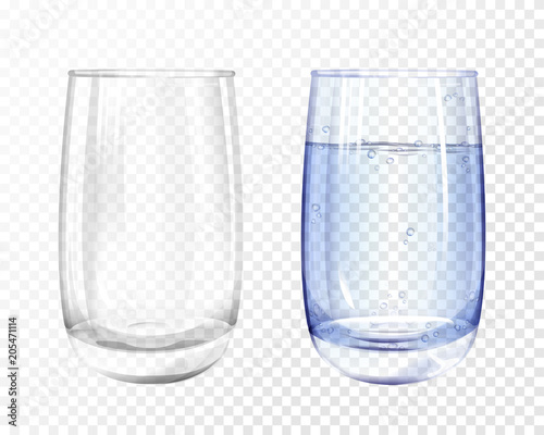 Vector realistic glass empty and cup with blue water on transparent background. 3d glassware for water, juice, bar beverage and soft, alcohol drink. Fragile crockery mockup for restaurant, cafe design