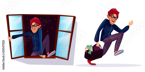 Vector cartoon robber, thief characters set. Male burglar running with stolen money, jewelry bag, housebreaker committing crime, entering private house through window.