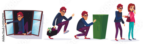 Vector cartoon robber, thief characters set. Burglar running with stolen money, jewelry bag, housebreaker entering house through window, man breaking safe box, pickpocket stealing wallet woman purse