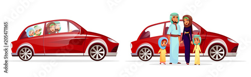 Arabian family car vector illustration. Cartoon Arab people characters of mother woman and father man with children or kids, daughter girl and son boy in traditional national clothing driving auto