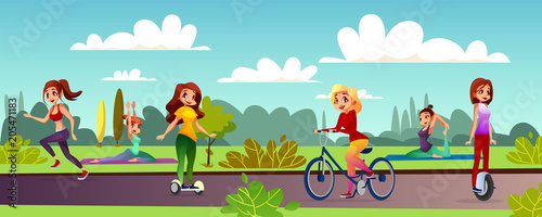 Girls leisure vector illustration of young women recreation in outdoor park. Cartoon teen characters jogging, making yoga and sport exercise, riding bicycle or mono-wheel and hoverboard or gyroscooter