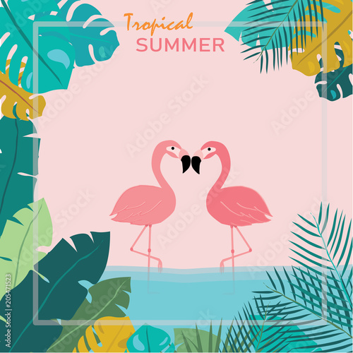 Summer Pink pastel flamingos stand in water and topical leaves as a frame  tropical summer concept