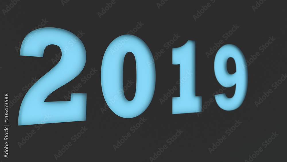 Blue 2019 number cut in black paper Blue 2019 number cut in black paper