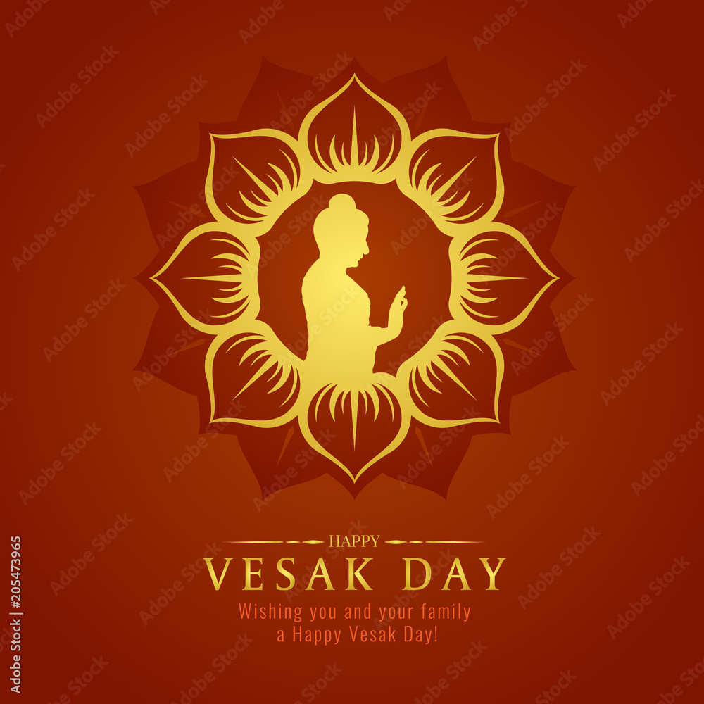 Vesak day banner card with Gold Buddha sign in Lotus petals circle frame vector design Vesak day banner card with Gold Buddha sign in Lotus petals circle frame vector design