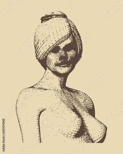 Naked young woman silhouette. Female torso sketch. Vintage engraved illustration