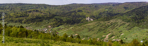 panorama of carpathian village Urych near the place of Tustan fortress - a Medieval cliff-side fortress-city  archaeological and natural monument in Lviv region of Western Ukraine