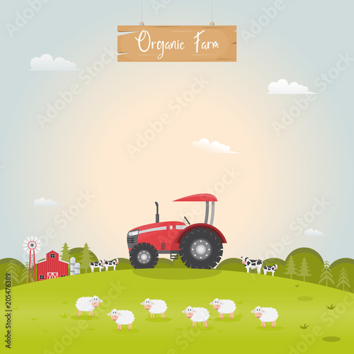 Farming with barn house and dairy farm animals. Vector illustration.