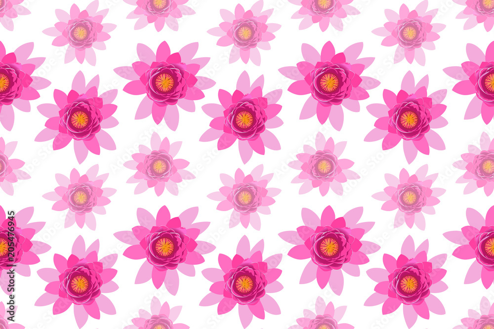 Beautiful pink lotus flower zigzag blossom seamless pattern isolated on white background. Colorful bloom nature vector illustration for wallpaper or wrapping paper, print or yoga design