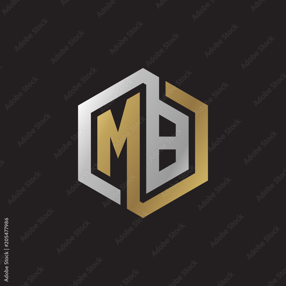 Initial letter MB, looping line, hexagon shape logo, silver gold color on black background Initial letter MB, looping line, hexagon shape logo, silver gold color on black background