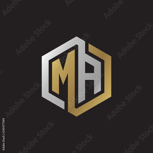Initial letter MA, looping line, hexagon shape logo, silver gold color on black background