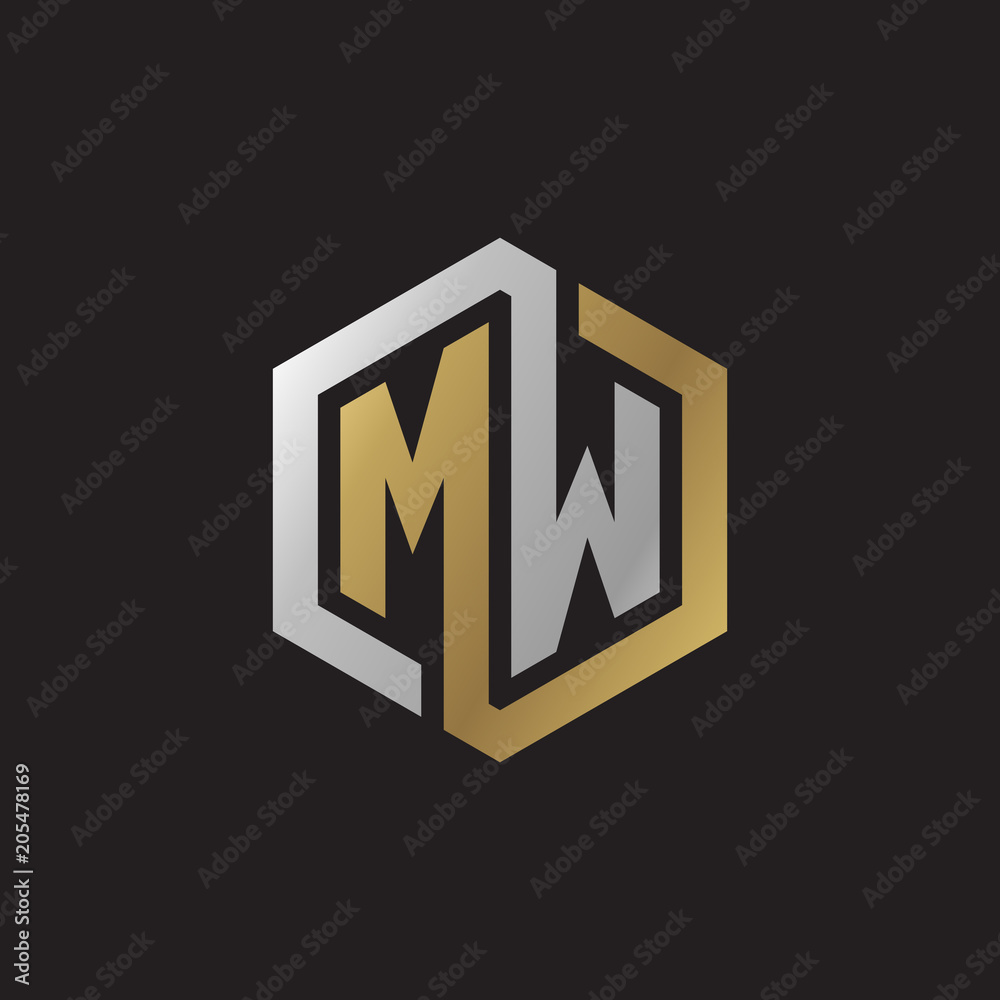 Initial letter MW, looping line, hexagon shape logo, silver gold color on black background Initial letter MW, looping line, hexagon shape logo, silver gold color on black background