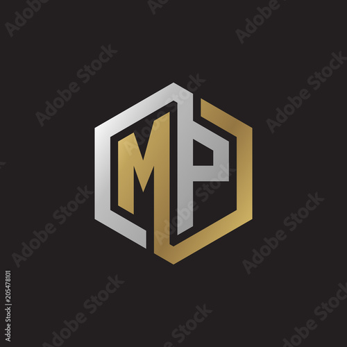 Initial letter MP, looping line, hexagon shape logo, silver gold color on black background