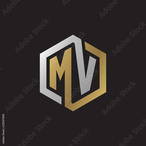 Initial letter MV, looping line, hexagon shape logo, silver gold color on black background