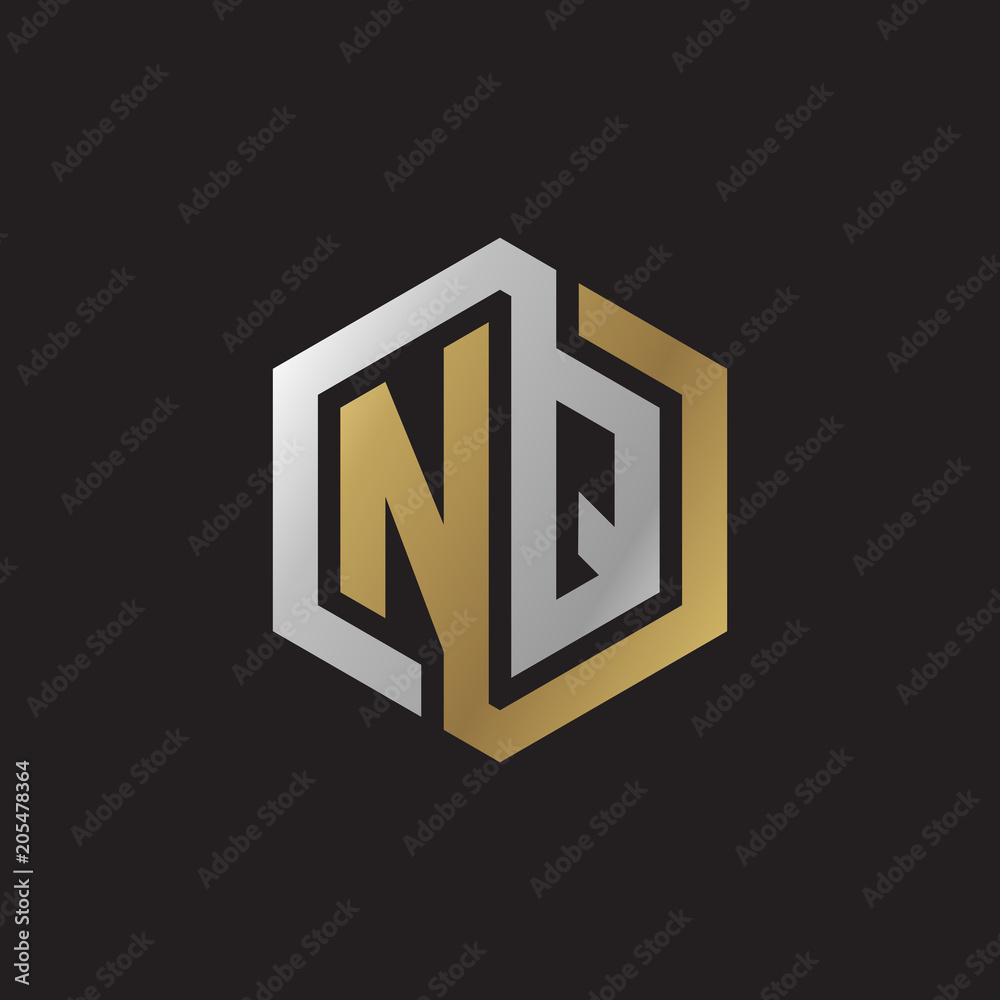 Initial letter NQ, looping line, hexagon shape logo, silver gold color on black background Initial letter NQ, looping line, hexagon shape logo, silver gold color on black background