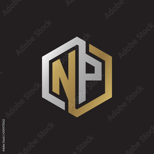 Initial letter NP, looping line, hexagon shape logo, silver gold color on black background