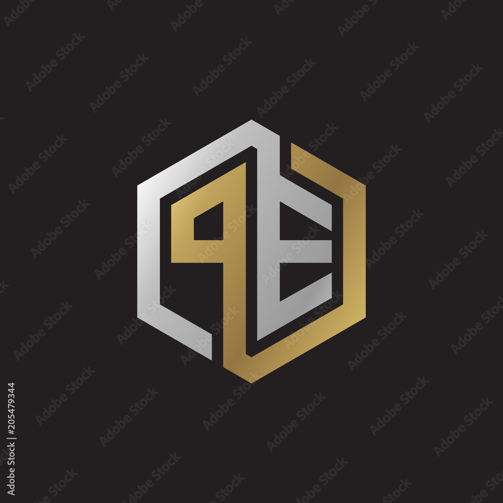 Initial letter PE, looping line, hexagon shape logo, silver gold color on black background Initial letter PE, looping line, hexagon shape logo, silver gold color on black background
