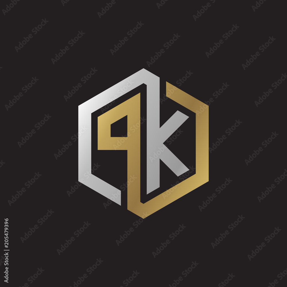 Initial letter PK, looping line, hexagon shape logo, silver gold color on black background