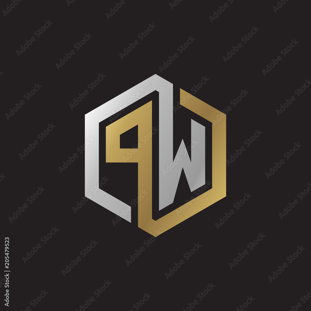 Initial letter PW, looping line, hexagon shape logo, silver gold color on black background Initial letter PW, looping line, hexagon shape logo, silver gold color on black background