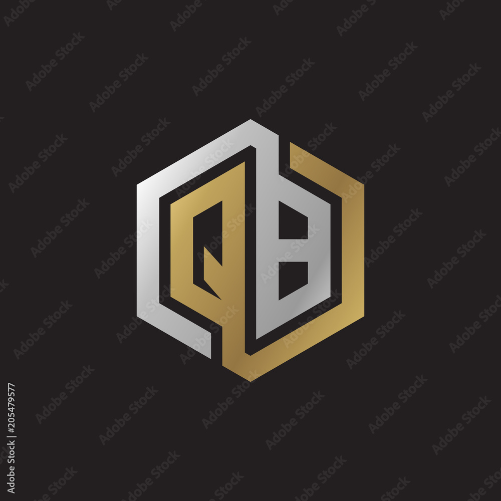 Initial letter QB, looping line, hexagon shape logo, silver gold color on black background Initial letter QB, looping line, hexagon shape logo, silver gold color on black background