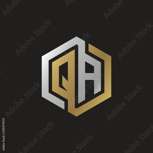 Initial letter QA, looping line, hexagon shape logo, silver gold color on black background