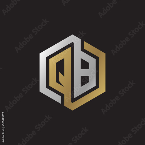 Initial letter QB, looping line, hexagon shape logo, silver gold color on black background