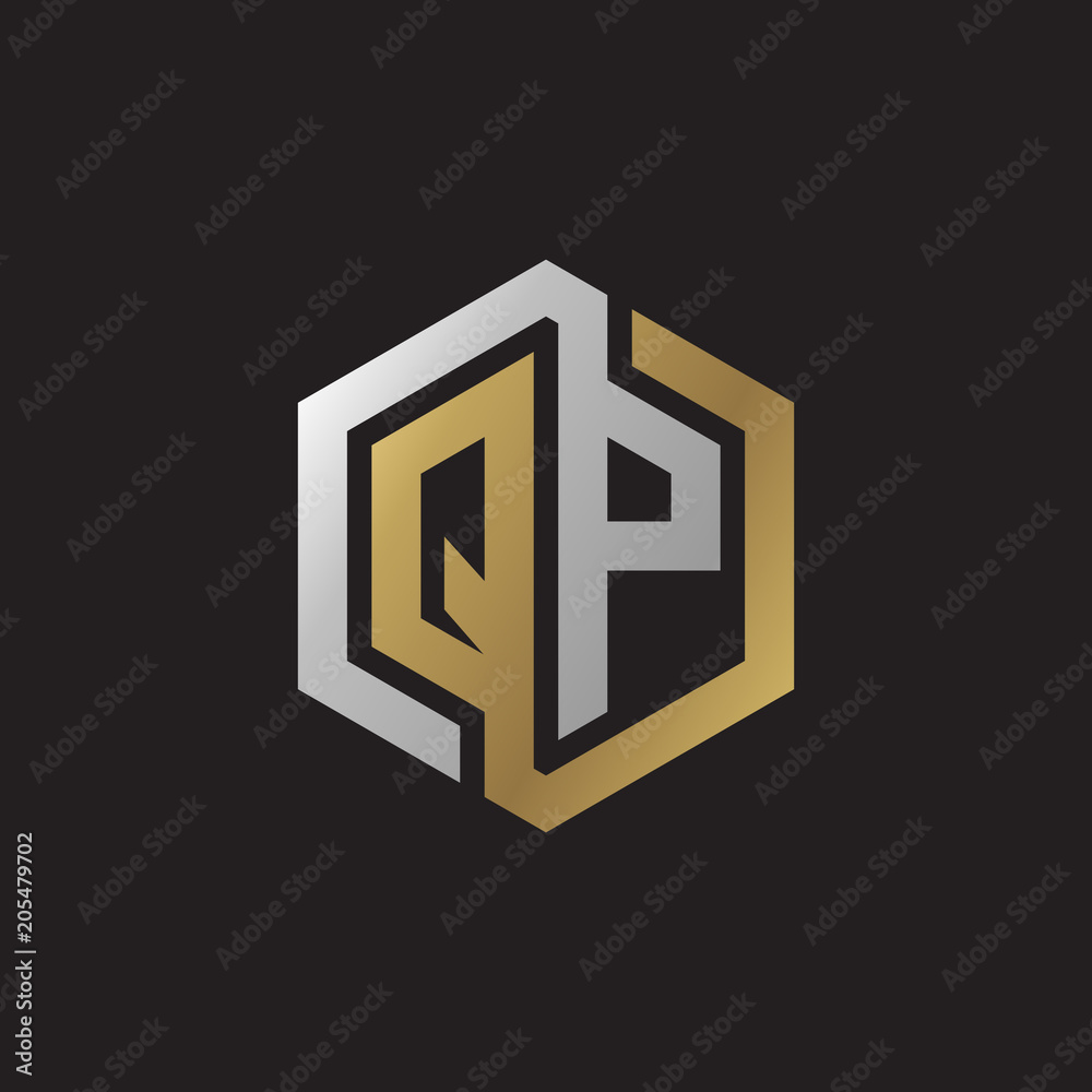 Initial letter QP, looping line, hexagon shape logo, silver gold color on black background Initial letter QP, looping line, hexagon shape logo, silver gold color on black background