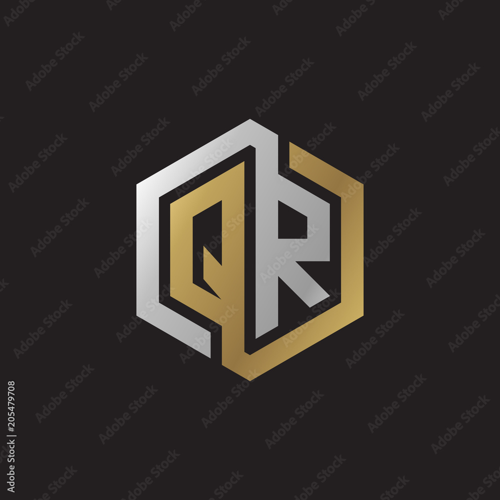 Initial letter QR, looping line, hexagon shape logo, silver gold color on black background Initial letter QR, looping line, hexagon shape logo, silver gold color on black background