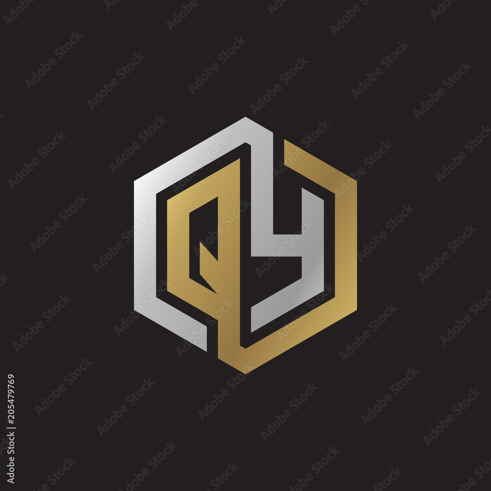 Initial letter QY, looping line, hexagon shape logo, silver gold color on black background Initial letter QY, looping line, hexagon shape logo, silver gold color on black background