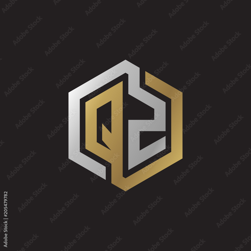 Initial letter QZ, looping line, hexagon shape logo, silver gold color on black background Initial letter QZ, looping line, hexagon shape logo, silver gold color on black background