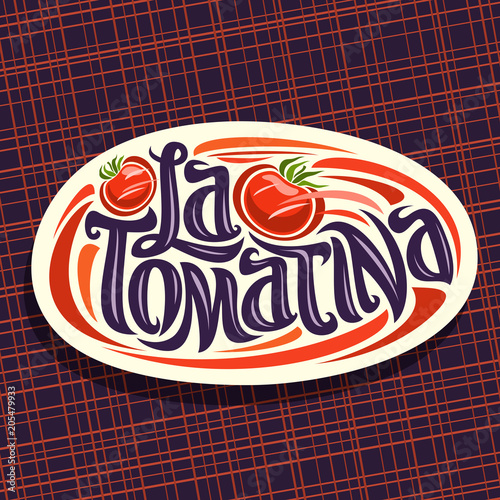 Vector logo for Tomatina festival, white oval sign with throwing tomato vegetables for fun madness spanish fest in Bunol, original brush typeface for words la tomatina, label for biggest tomato fight. photo