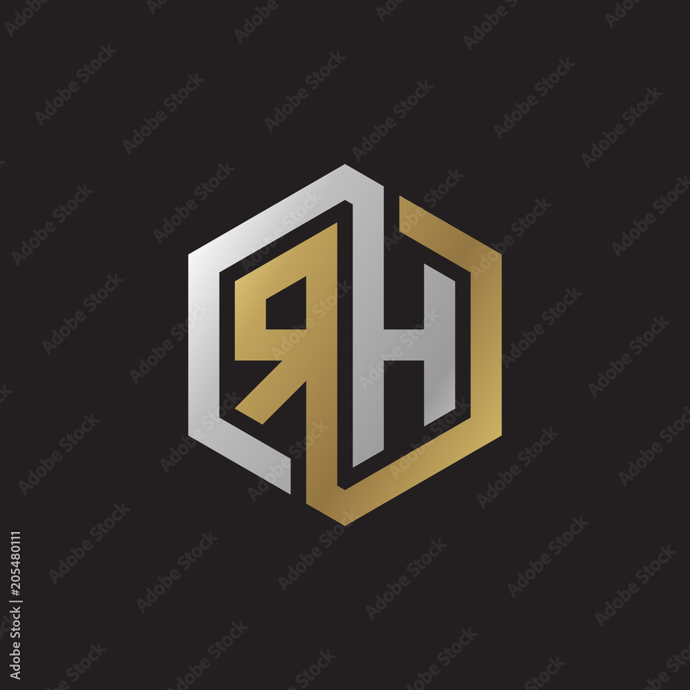Initial letter RH, looping line, hexagon shape logo, silver gold color on black background Initial letter RH, looping line, hexagon shape logo, silver gold color on black background