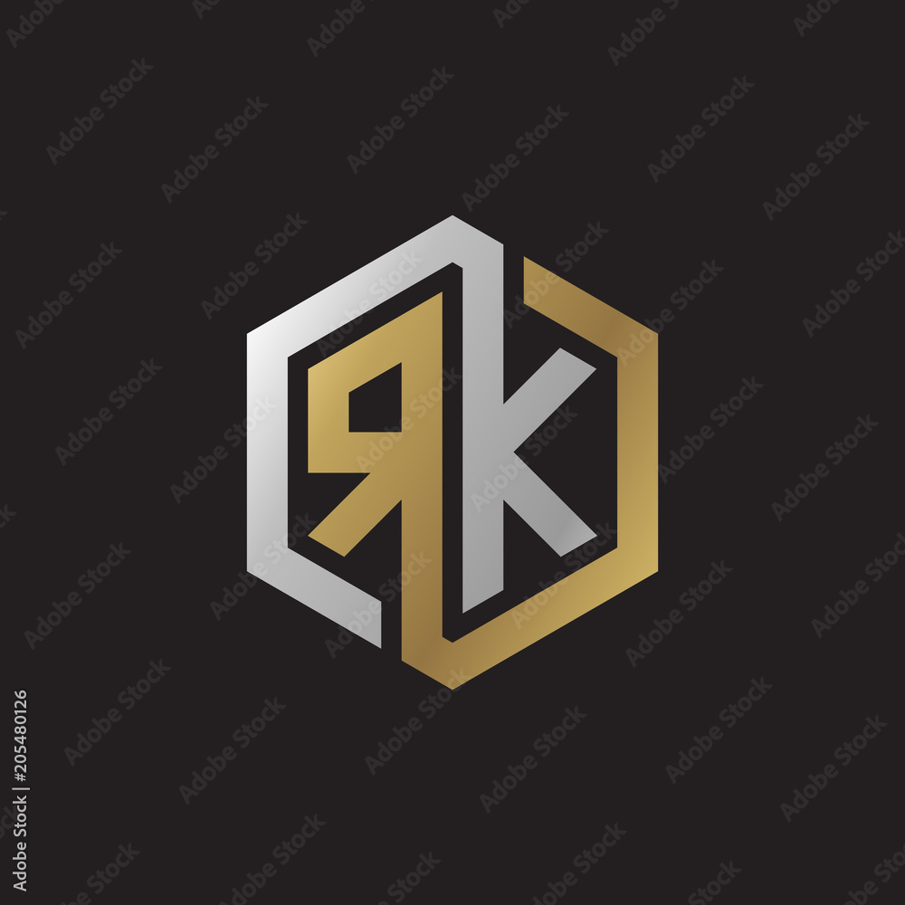 Initial letter RK, looping line, hexagon shape logo, silver gold color on black background Initial letter RK, looping line, hexagon shape logo, silver gold color on black background