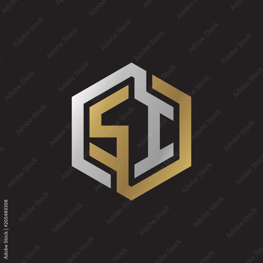 Initial letter SI, looping line, hexagon shape logo, silver gold color on black background Initial letter SI, looping line, hexagon shape logo, silver gold color on black background