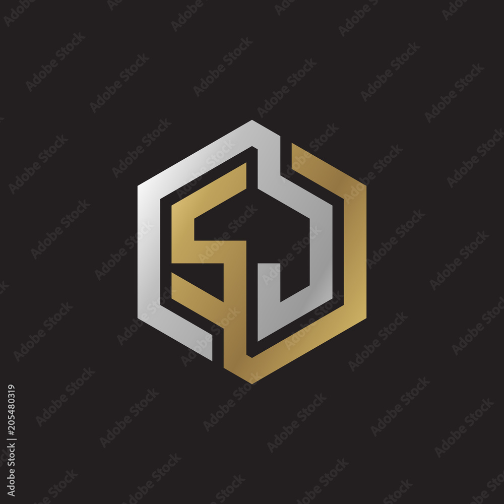 Initial letter SJ, looping line, hexagon shape logo, silver gold color on black background Initial letter SJ, looping line, hexagon shape logo, silver gold color on black background