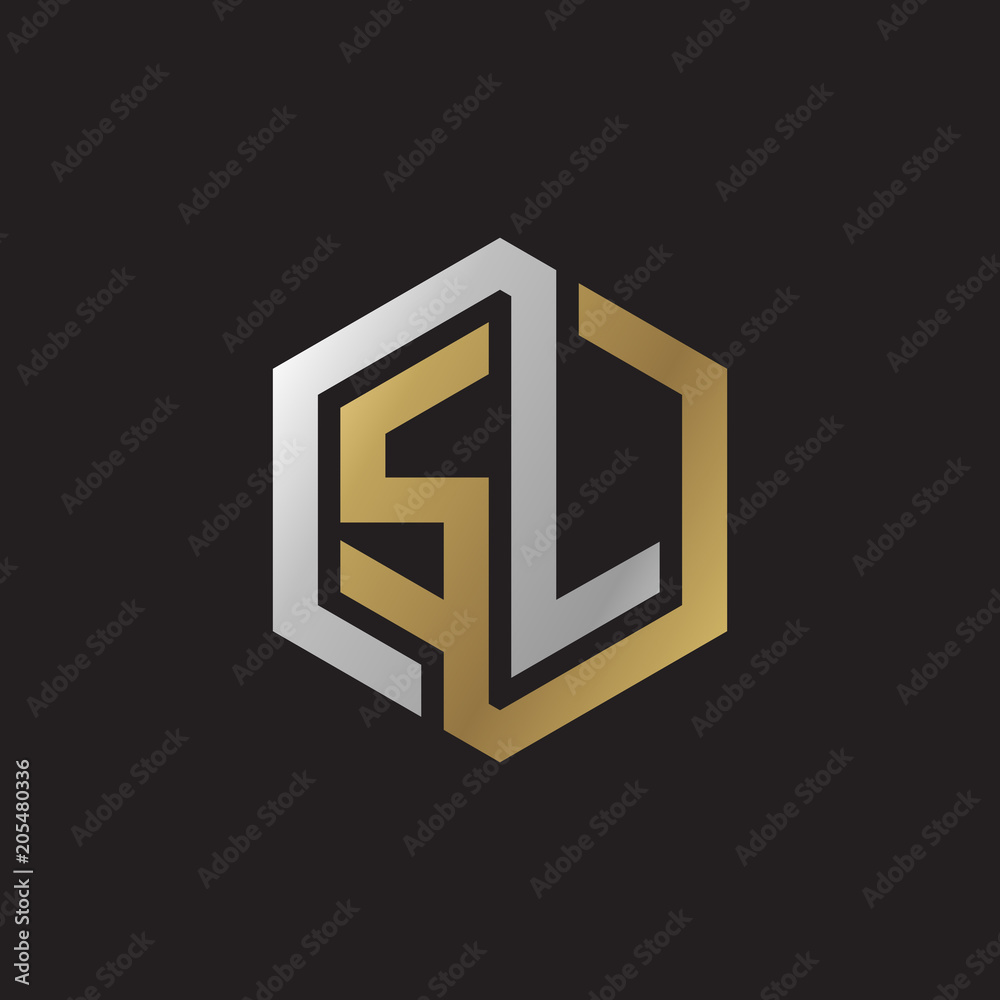 Initial letter SL, looping line, hexagon shape logo, silver gold color on black background Initial letter SL, looping line, hexagon shape logo, silver gold color on black background