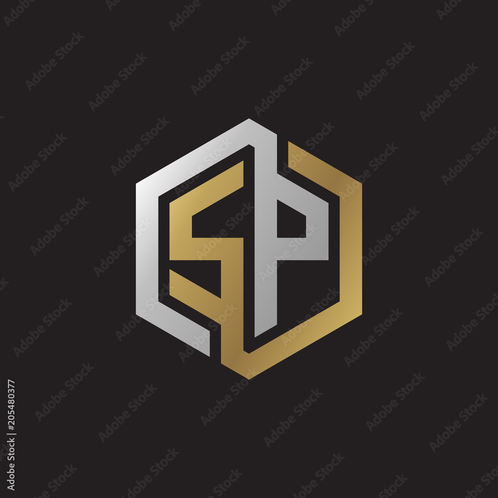 Initial letter SP, looping line, hexagon shape logo, silver gold color on black background Initial letter SP, looping line, hexagon shape logo, silver gold color on black background